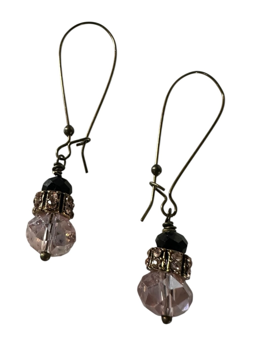 Metal Dangle Style Beaded Earrings with Rhinestones & Light Pink & Black Beads